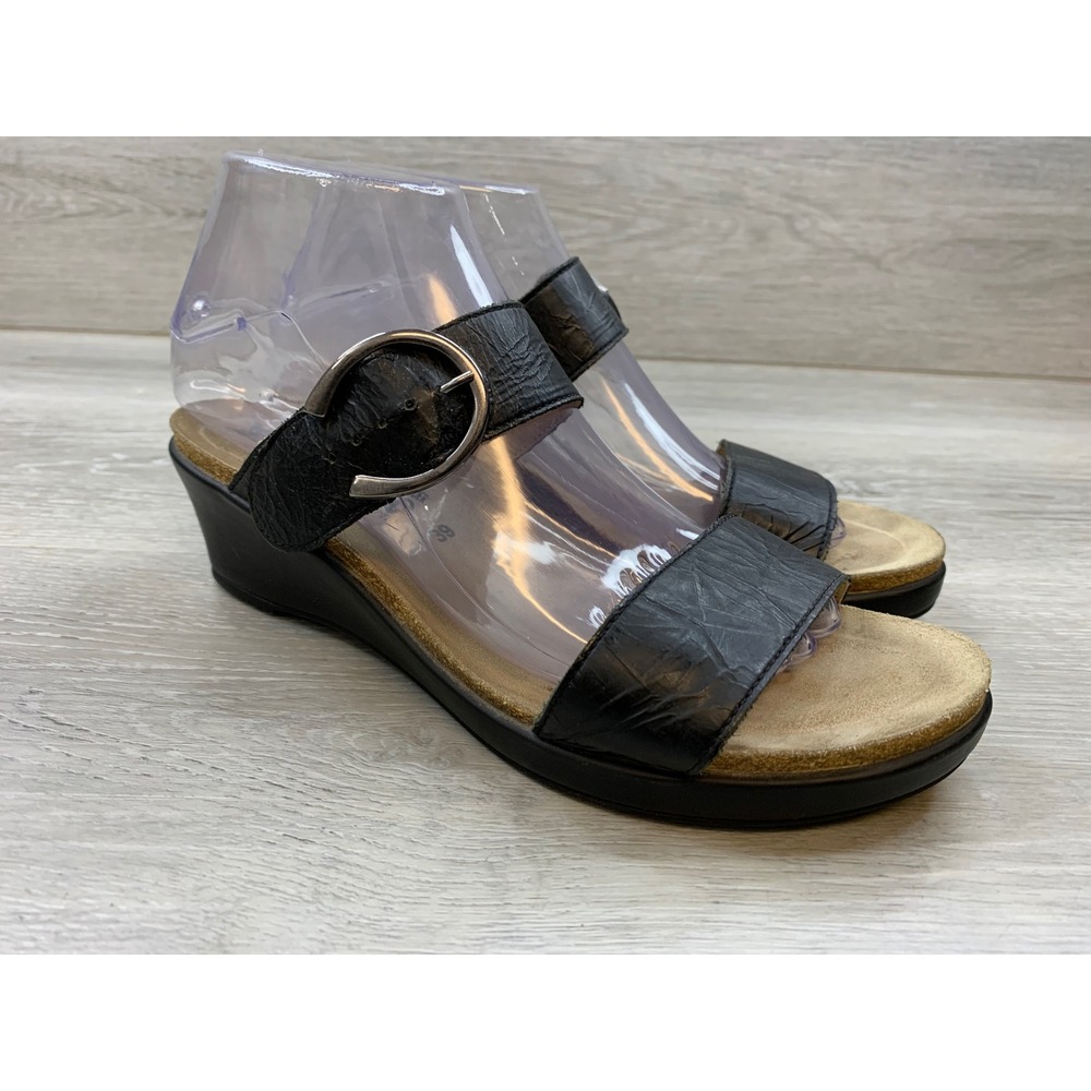 Mephisto Air-Relax Black Leather Wedge Sandals Buckle Slide Shoes Women's 9
